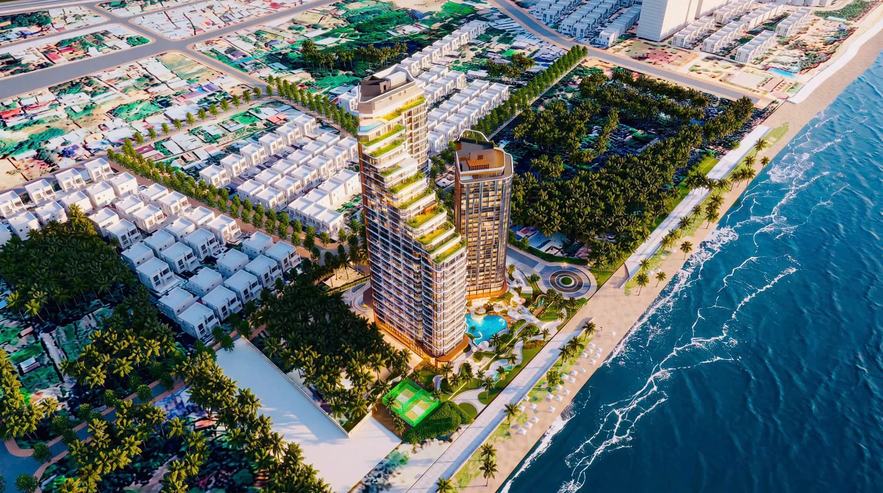 Phối cảnh tổng thể Solina sát biển với các tầng sân vườn